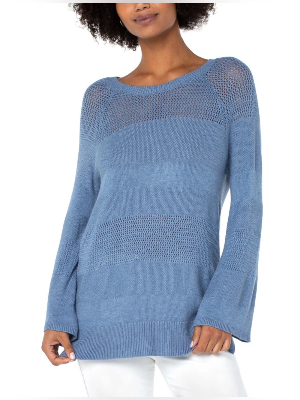 NWT Liverpool LA Open Knit Tunic Bell Sleeve Crew Neck Sweater S Cornflower Blue